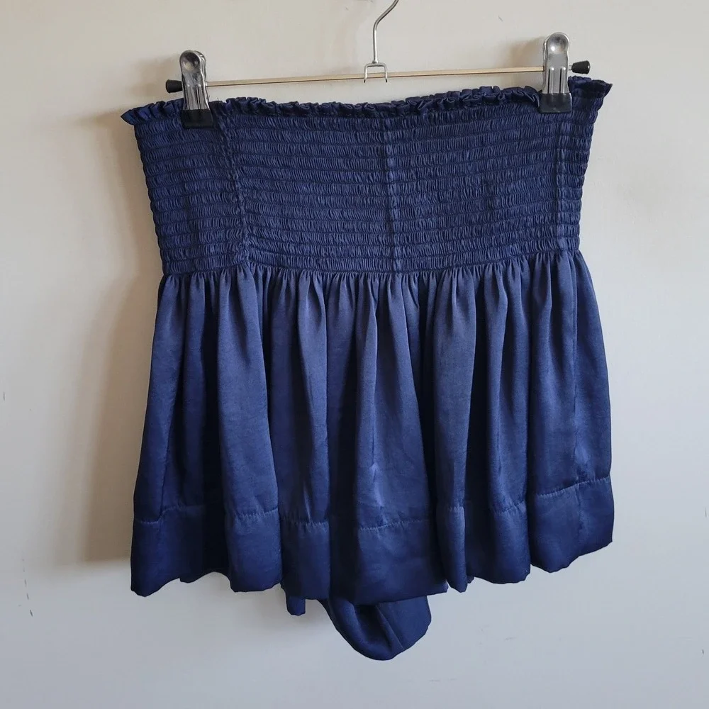 KOCH Erica Skirt Navy Blue Smocked Waist Satin Flared Mini Skirt Small USA Made - Picture 2 of 6